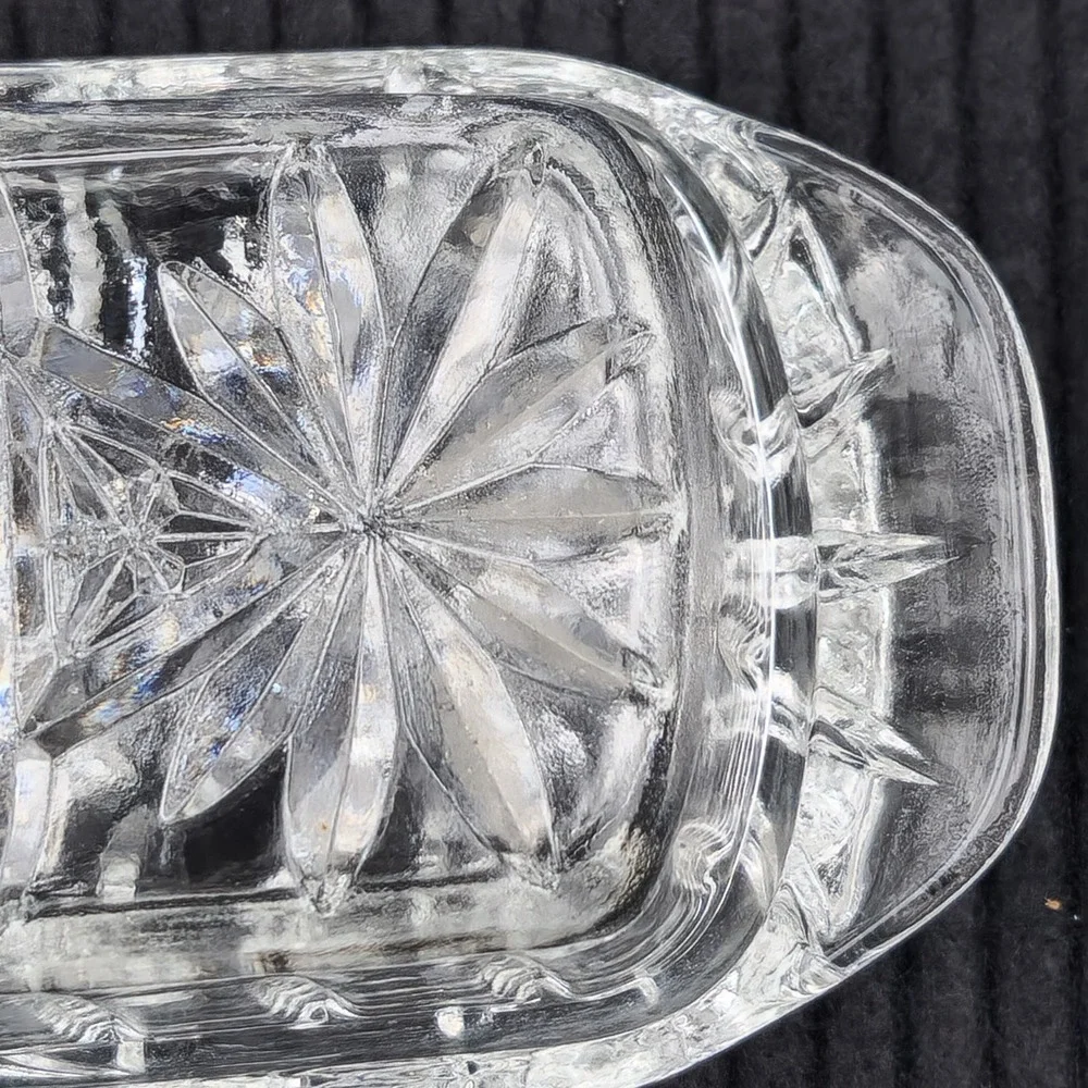Anchor Hocking Butter Dish Heavy Clear Glass Starburst Pattern with Lid Vintage